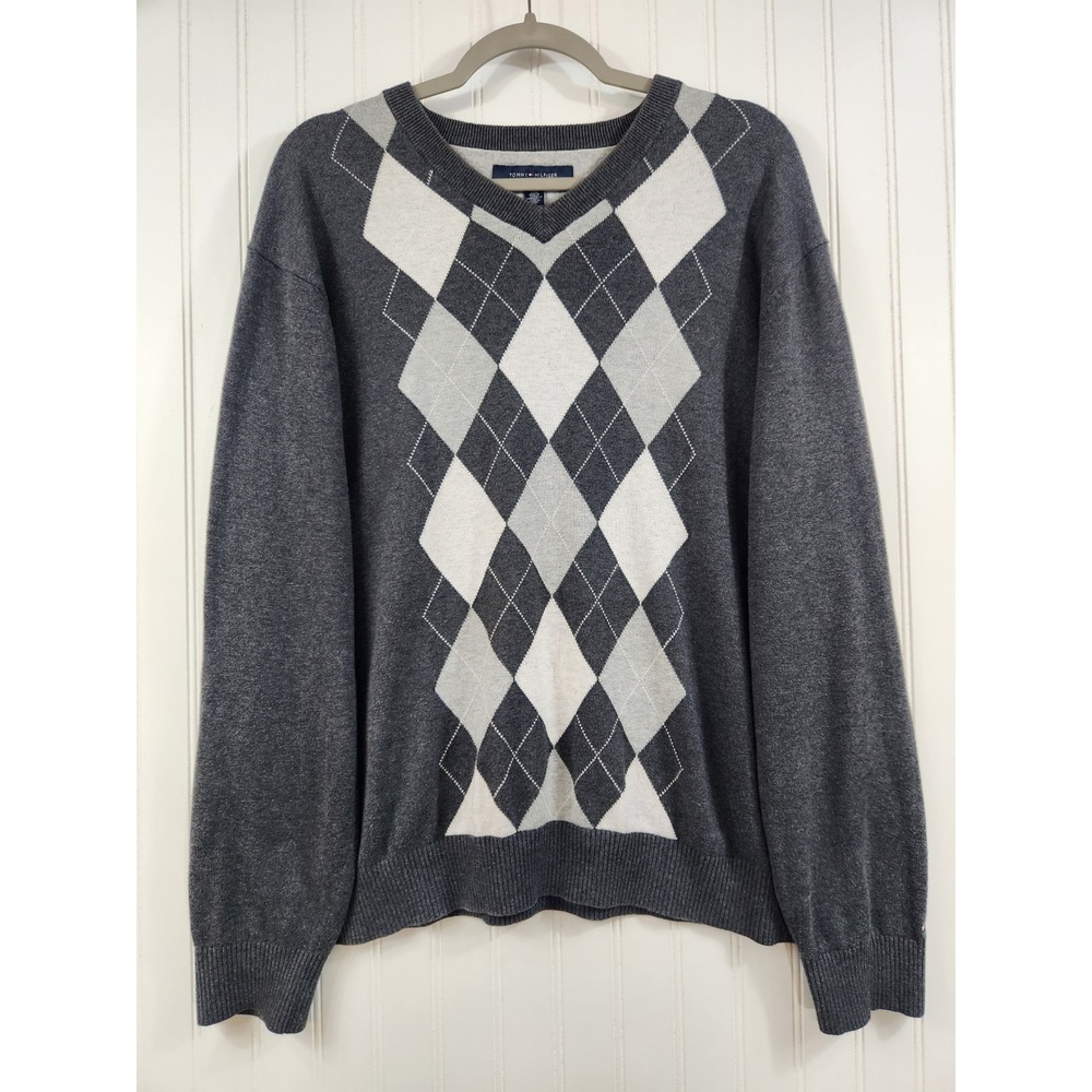 Tommy Hilfiger Men Argyle V-Neck Sweater Grey Charcoal Cotton Knit Large Preppy